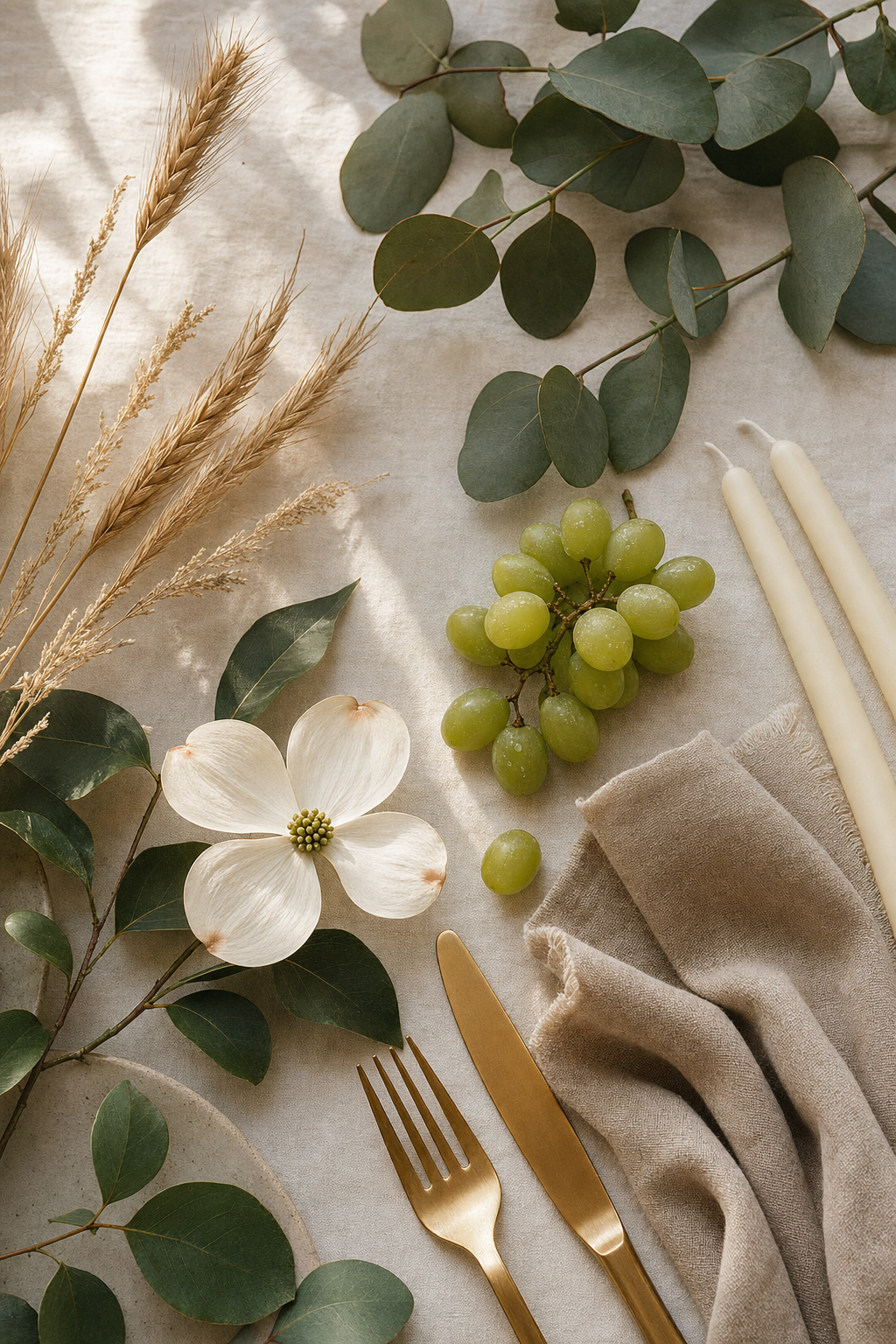 A soft botanical still life with eucalyptus, wheat, dogwood, and gold flatware.