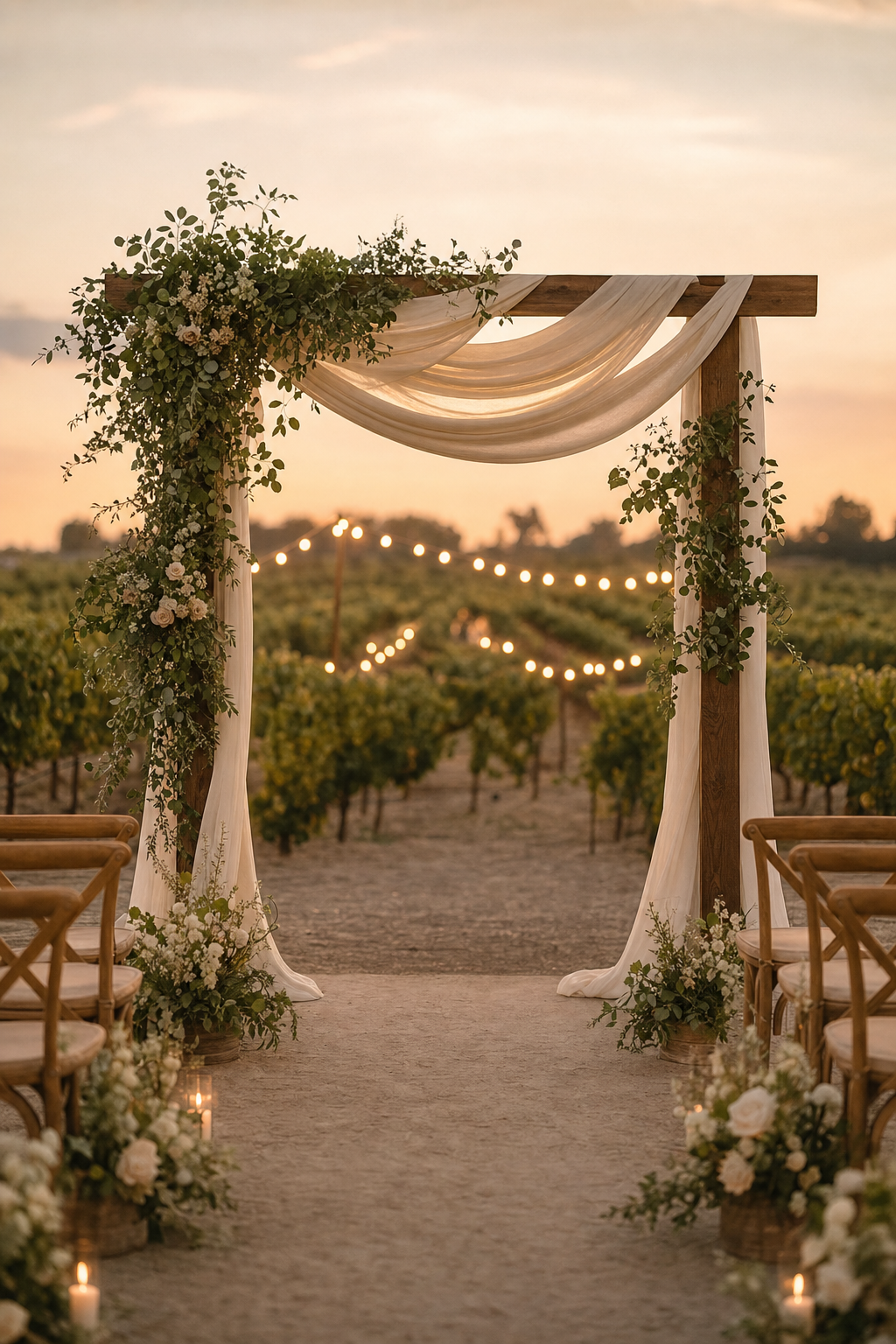 An ivory ceremony arch at dusk in the middle of a vineyard, lit by warm string lights.