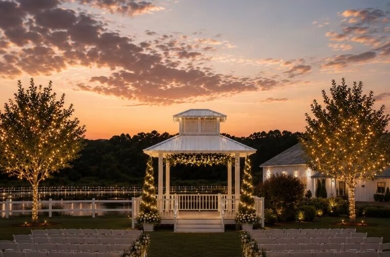 The white gazebo ceremony area at Havenwing Vineyards, lit by warm string lights at sunset with rows of chairs facing the aisle.